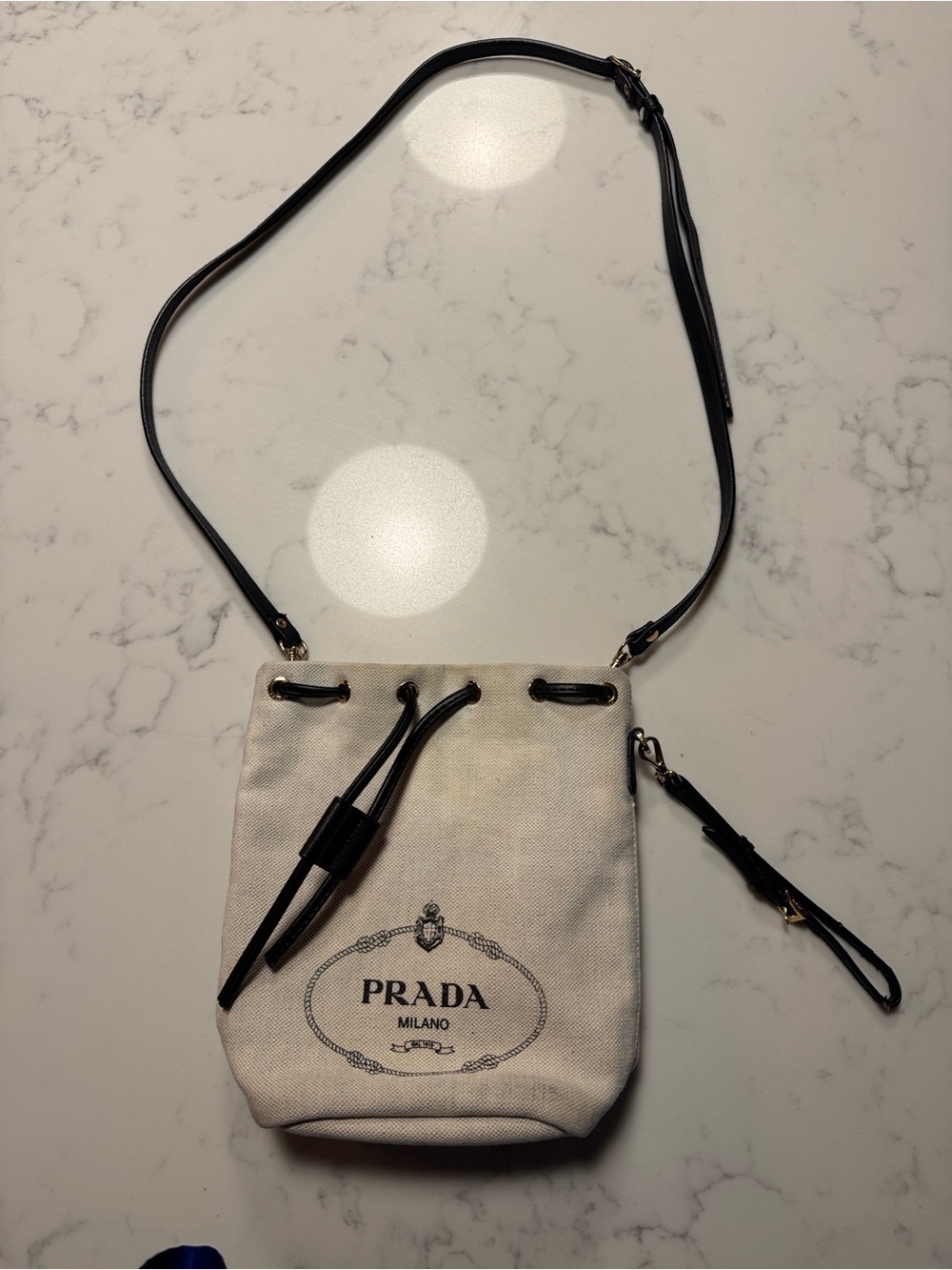 Prada Cream Canvas Drawstring Crossbody with Black Trim